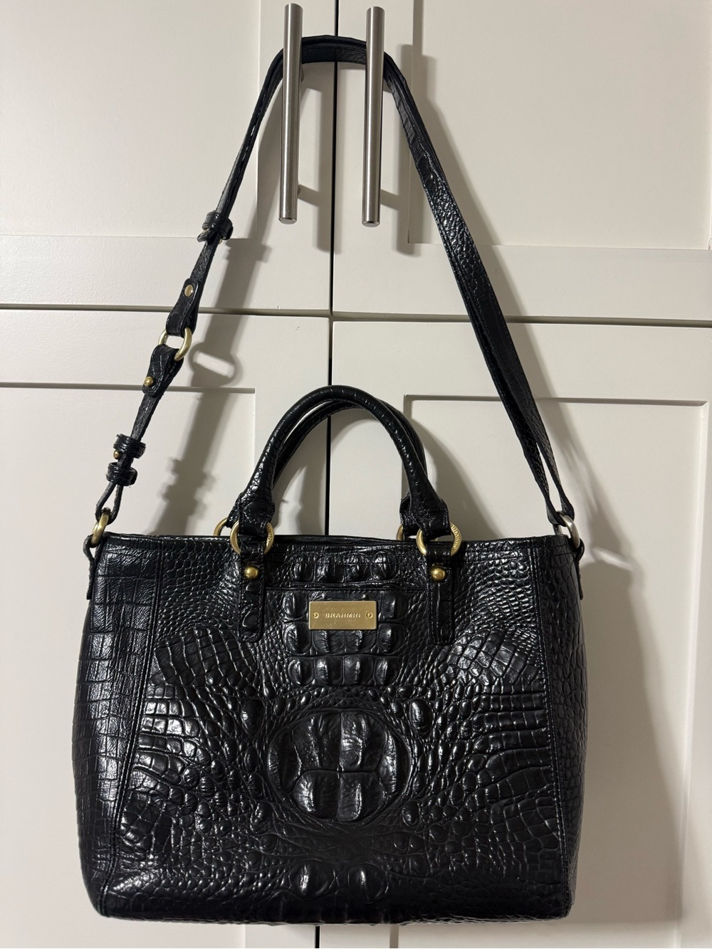 Brahmin Black Croc-Embossed Satchel with Gold Hardware